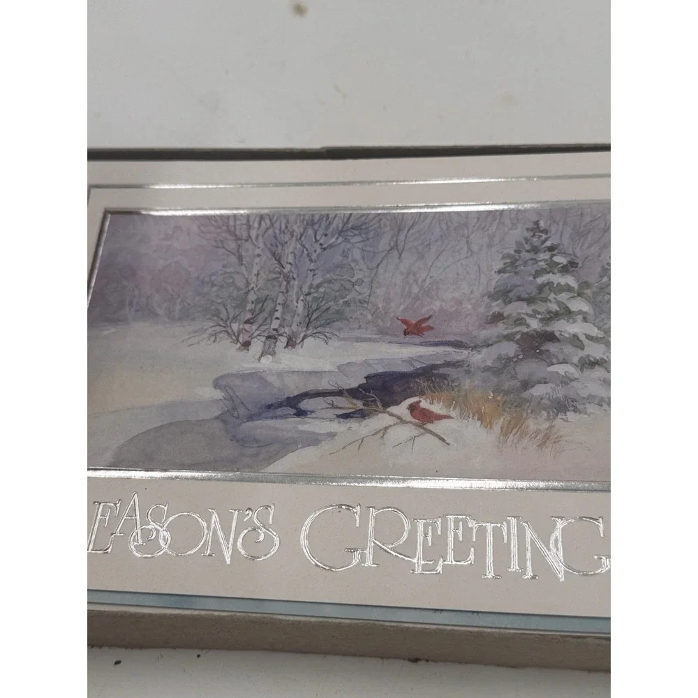 Vintage Christmas Greeting Cards Set Winter Scenes Cardinals Gold Foil Lot Of 10